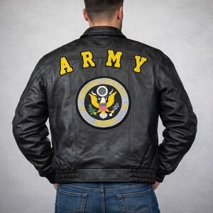 Army Bomber Jacket Ferugini Roma Paris London Black Leather Coat Men's Large New